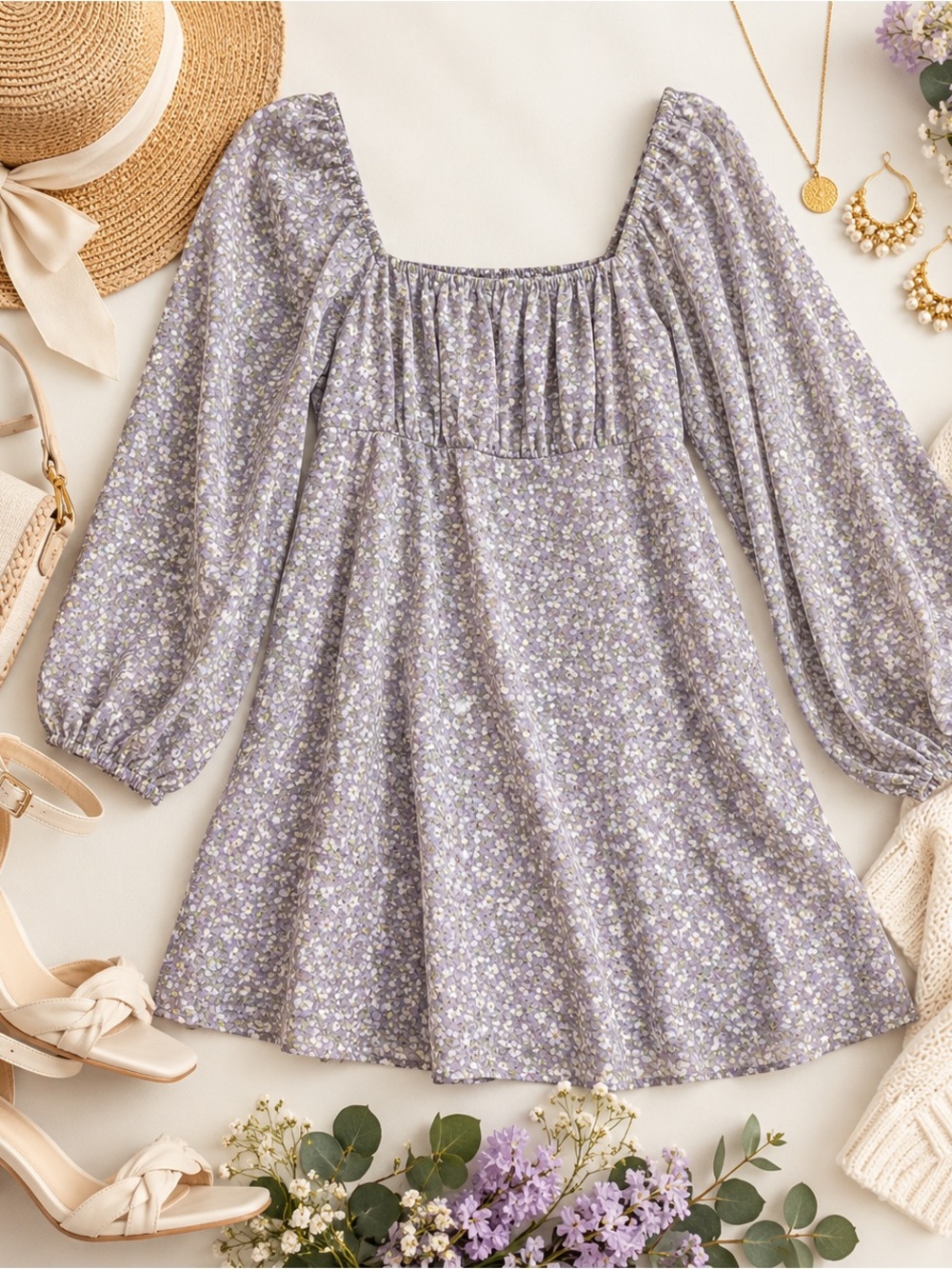 Lavender Floral Square Neck Puff Sleeve Mini Dress Cottagecore Size Large